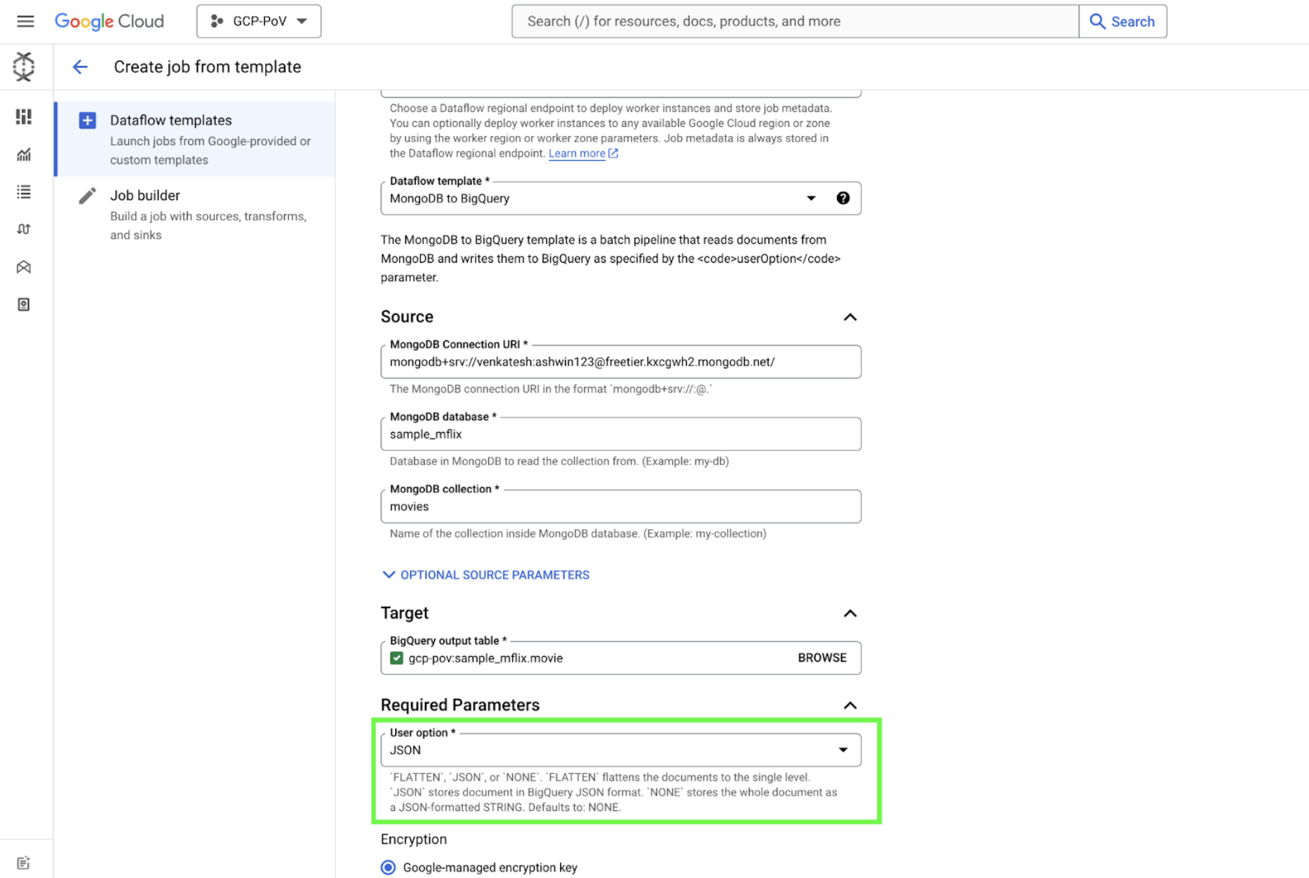 Screenshot of the dashboard for Dataflow Templates and the option for picking the JSON format.